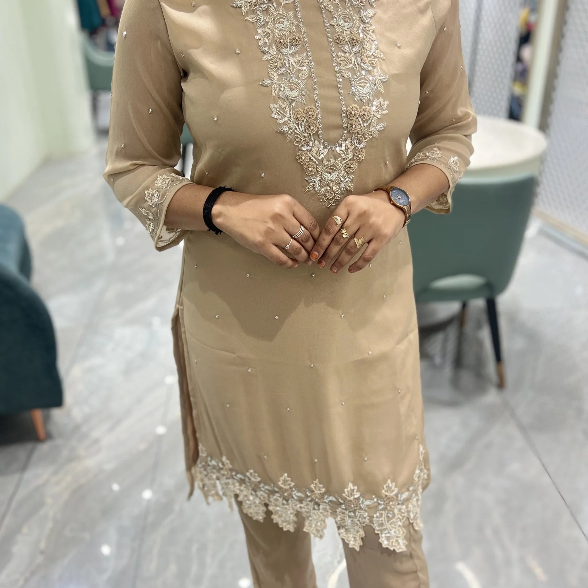 Pastel Brown Hand Work Cotton Silk Two Piece - FALAK G 52