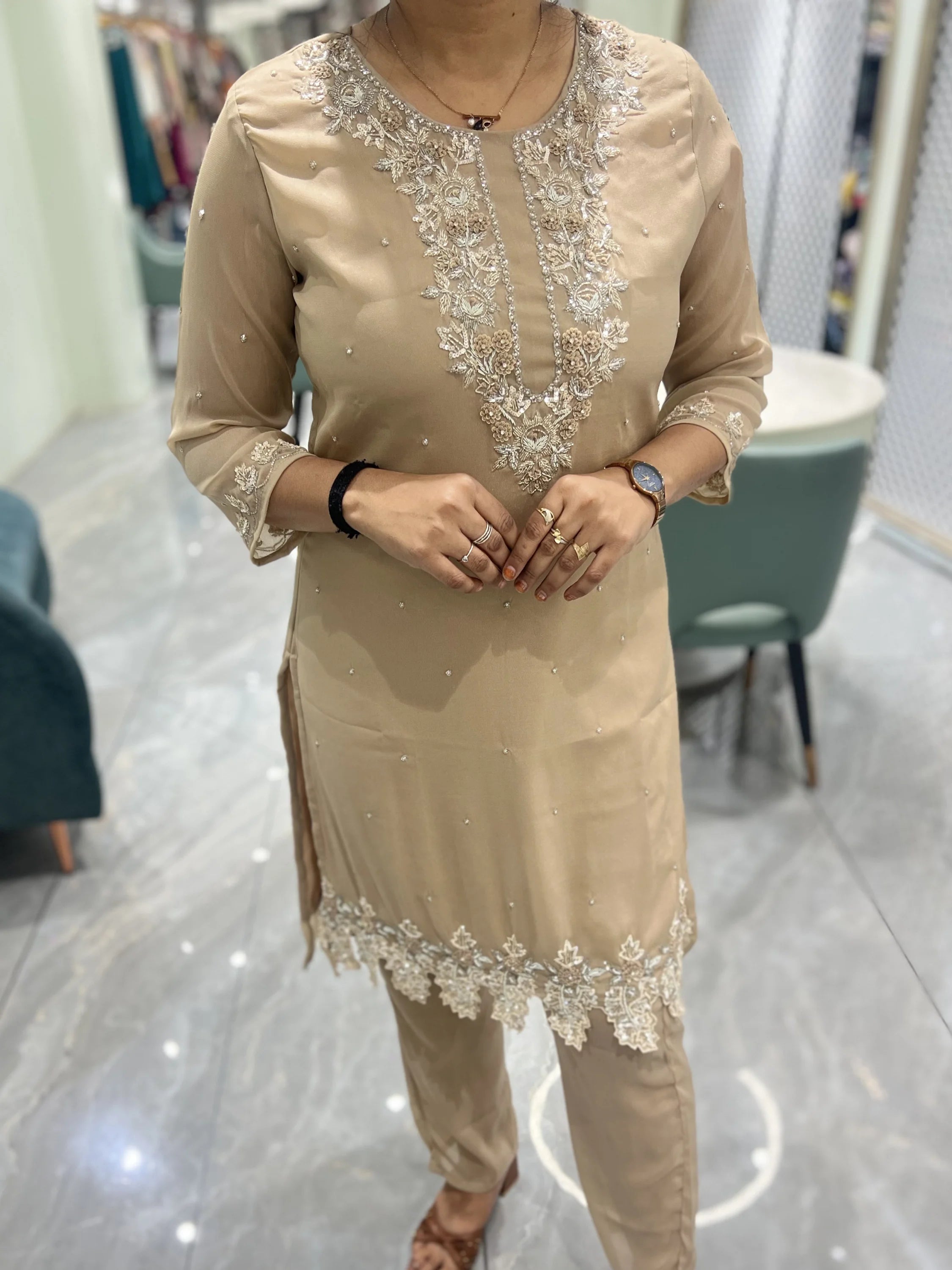 Pastel Brown Hand Work Cotton Silk Two Piece - FALAK G 52