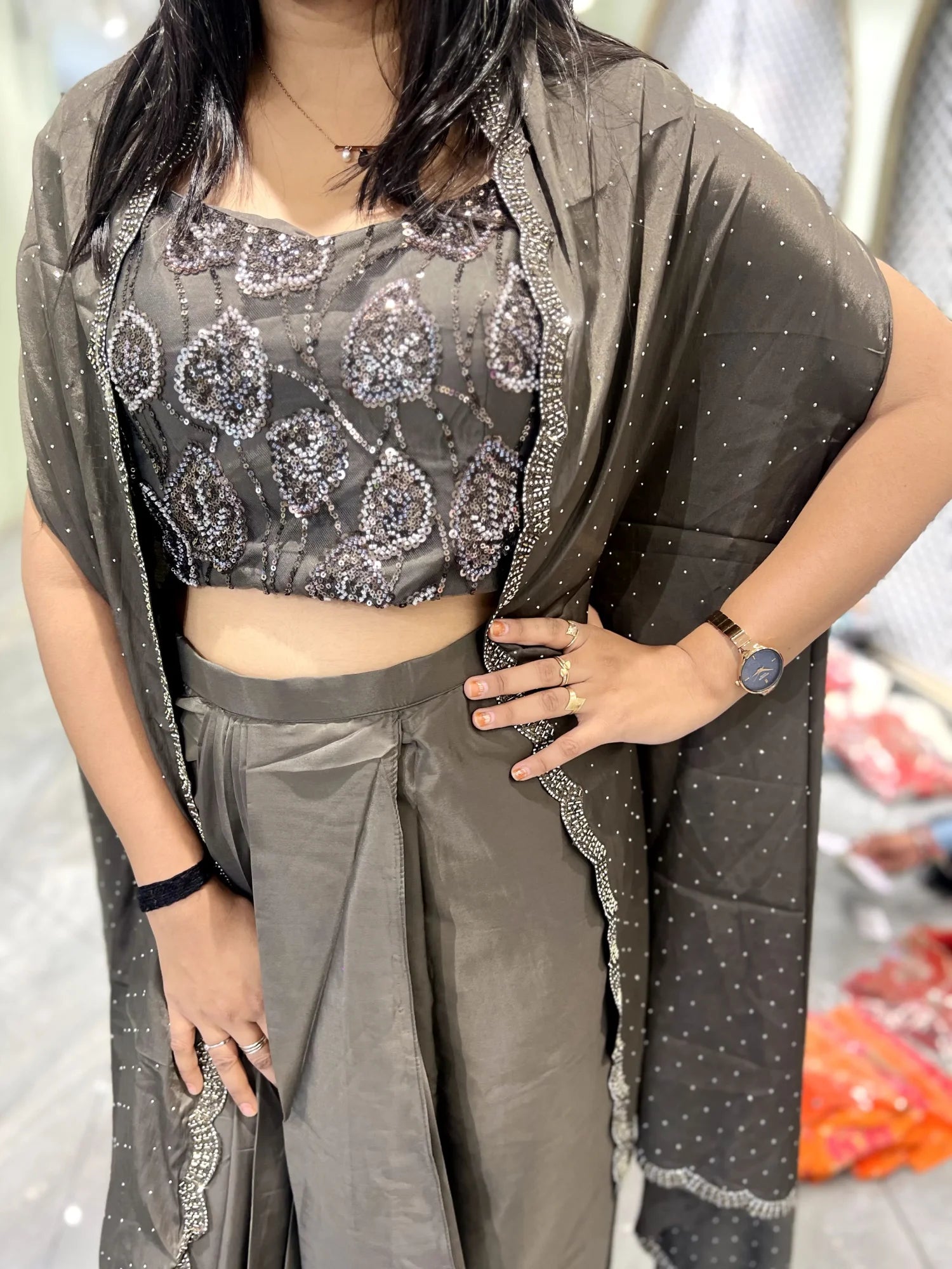 Olive Green Sequin Work Satin Indo Western - RGORICT 479 1