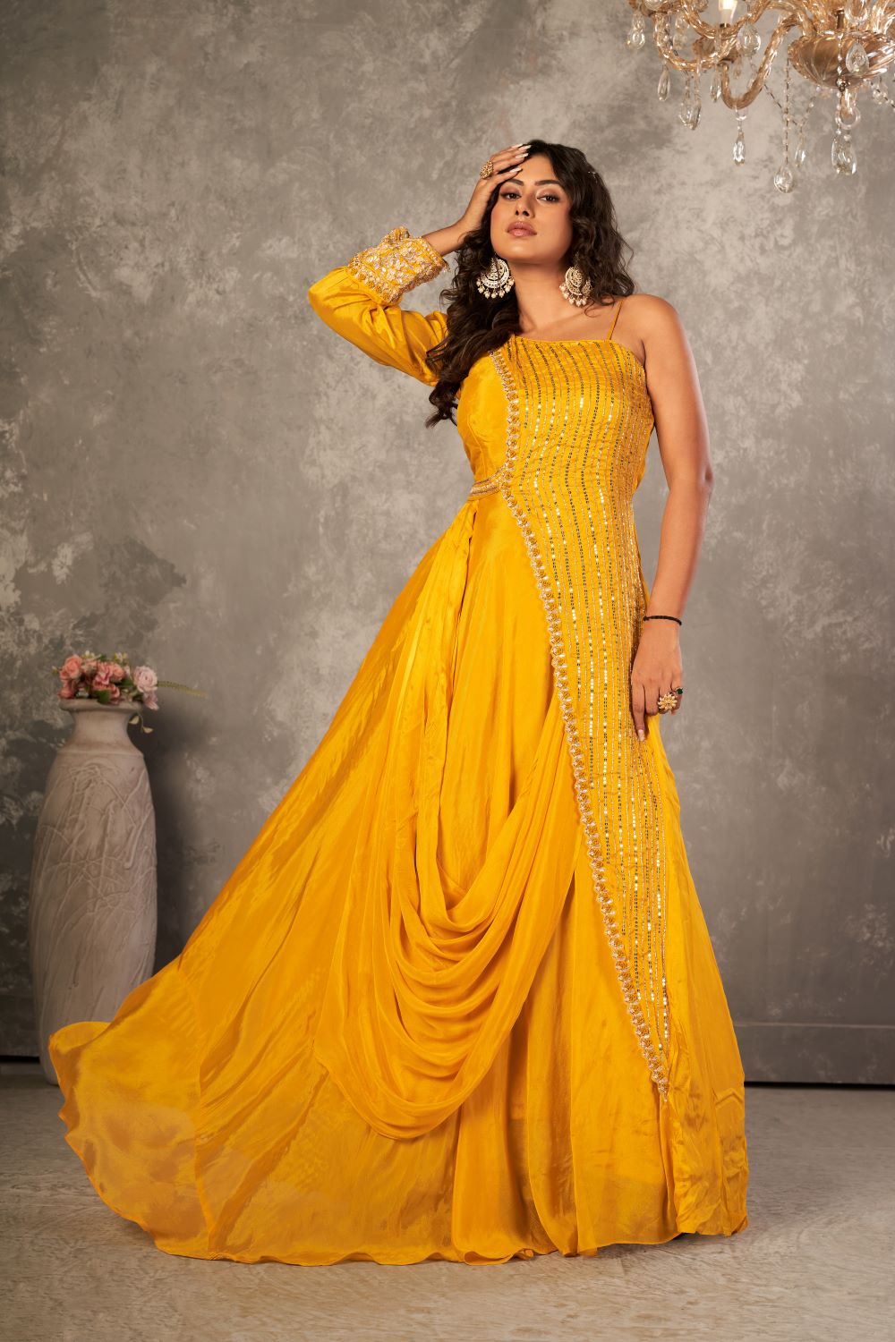 Golden Elegance: One-Sided Sleeve Yellow Georgette Gown