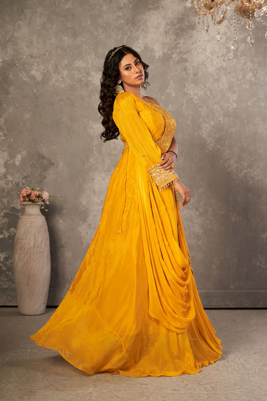 Golden Elegance: One-Sided Sleeve Yellow Georgette Gown