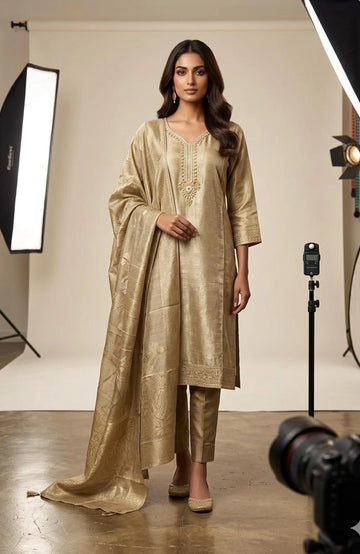 Chiku Silk Handwork 3 Piece Kurti Pant Dupatta Set for Women | Premium Ethnic Wear
