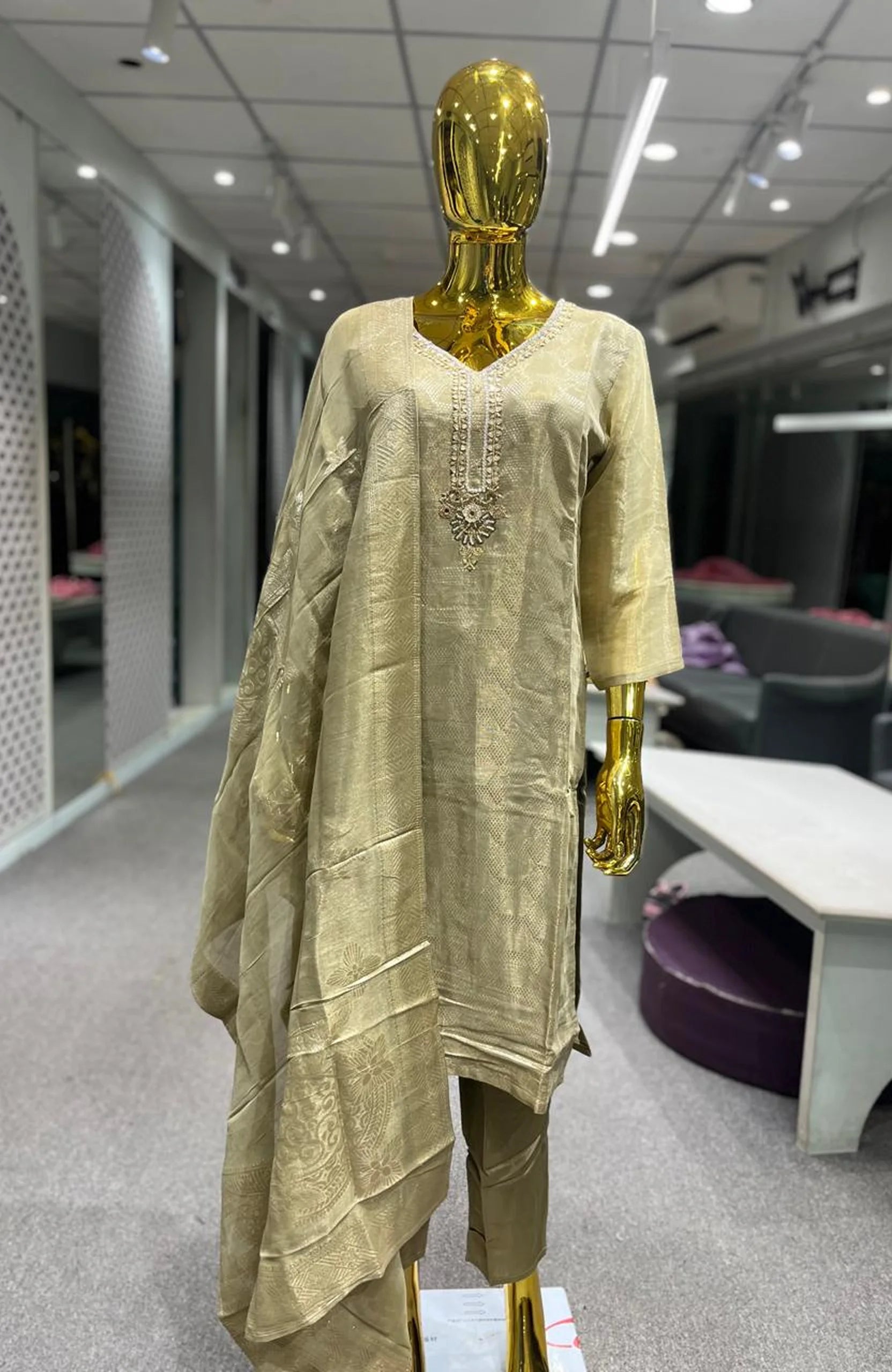 Chiku Silk Handwork 3 Piece Kurti Pant Dupatta Set for Women | Premium Ethnic Wear