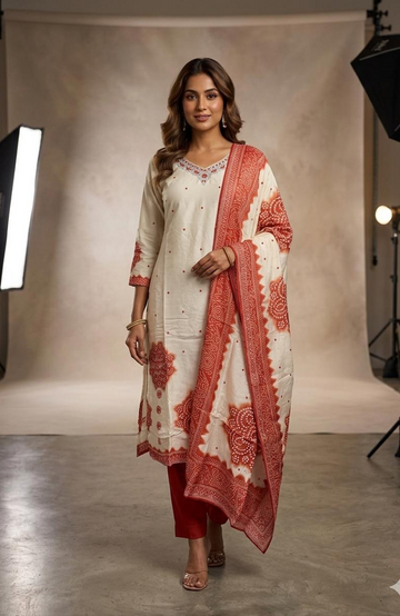 Cream & Orange Pure Silk Jardozi Handwork 3 Piece Kurti Pant Dupatta Set for Women | Designer Ethnic Wear