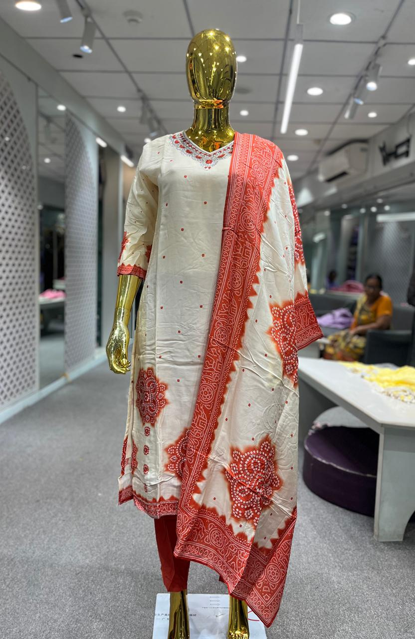 Cream & Orange Pure Silk Jardozi Handwork 3 Piece Kurti Pant Dupatta Set for Women | Designer Ethnic Wear