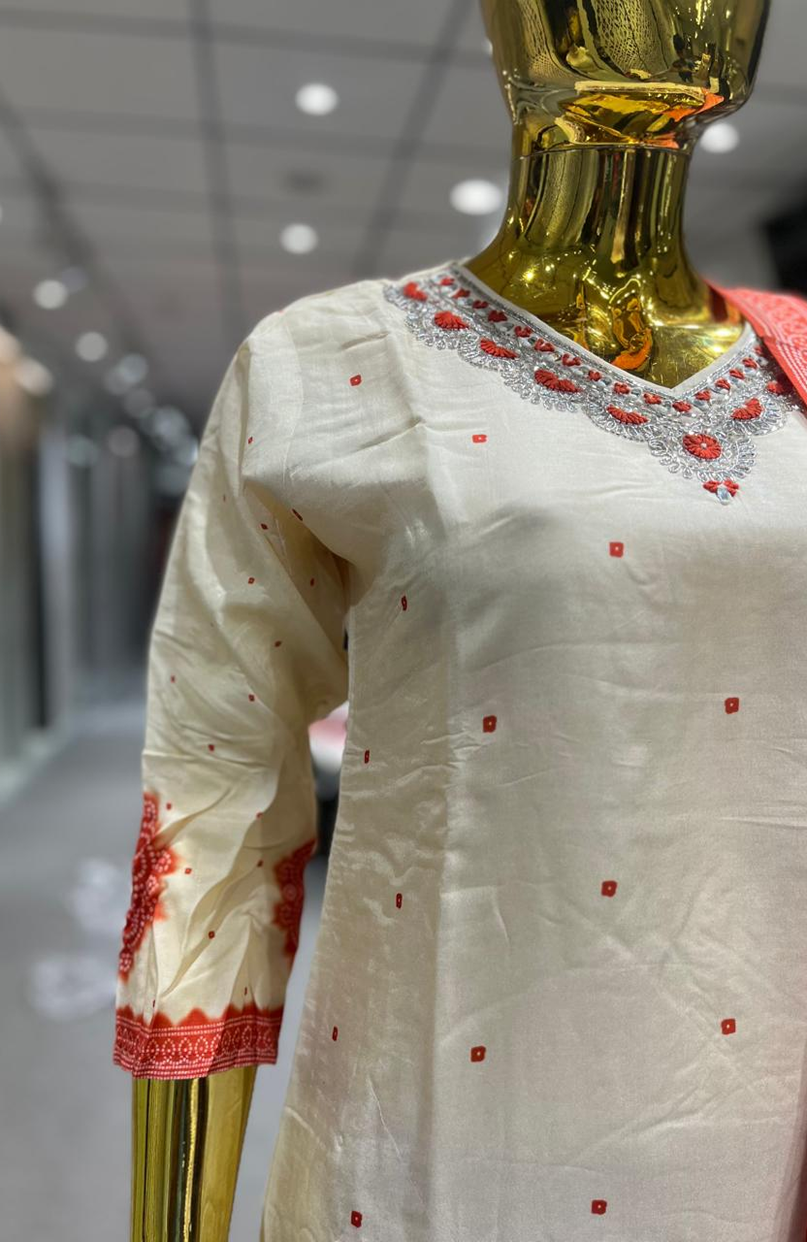 Cream & Orange Pure Silk Jardozi Handwork 3 Piece Kurti Pant Dupatta Set for Women | Designer Ethnic Wear