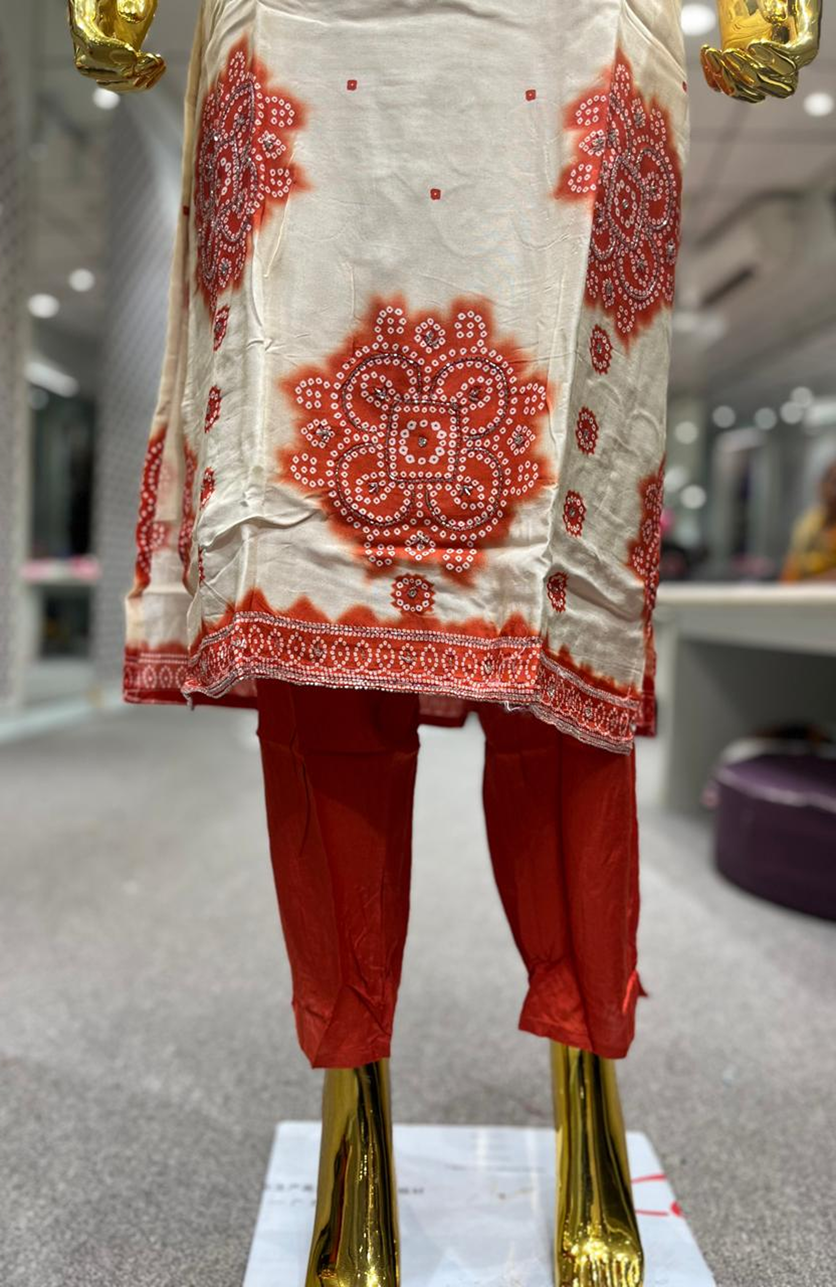 Cream & Orange Pure Silk Jardozi Handwork 3 Piece Kurti Pant Dupatta Set for Women | Designer Ethnic Wear