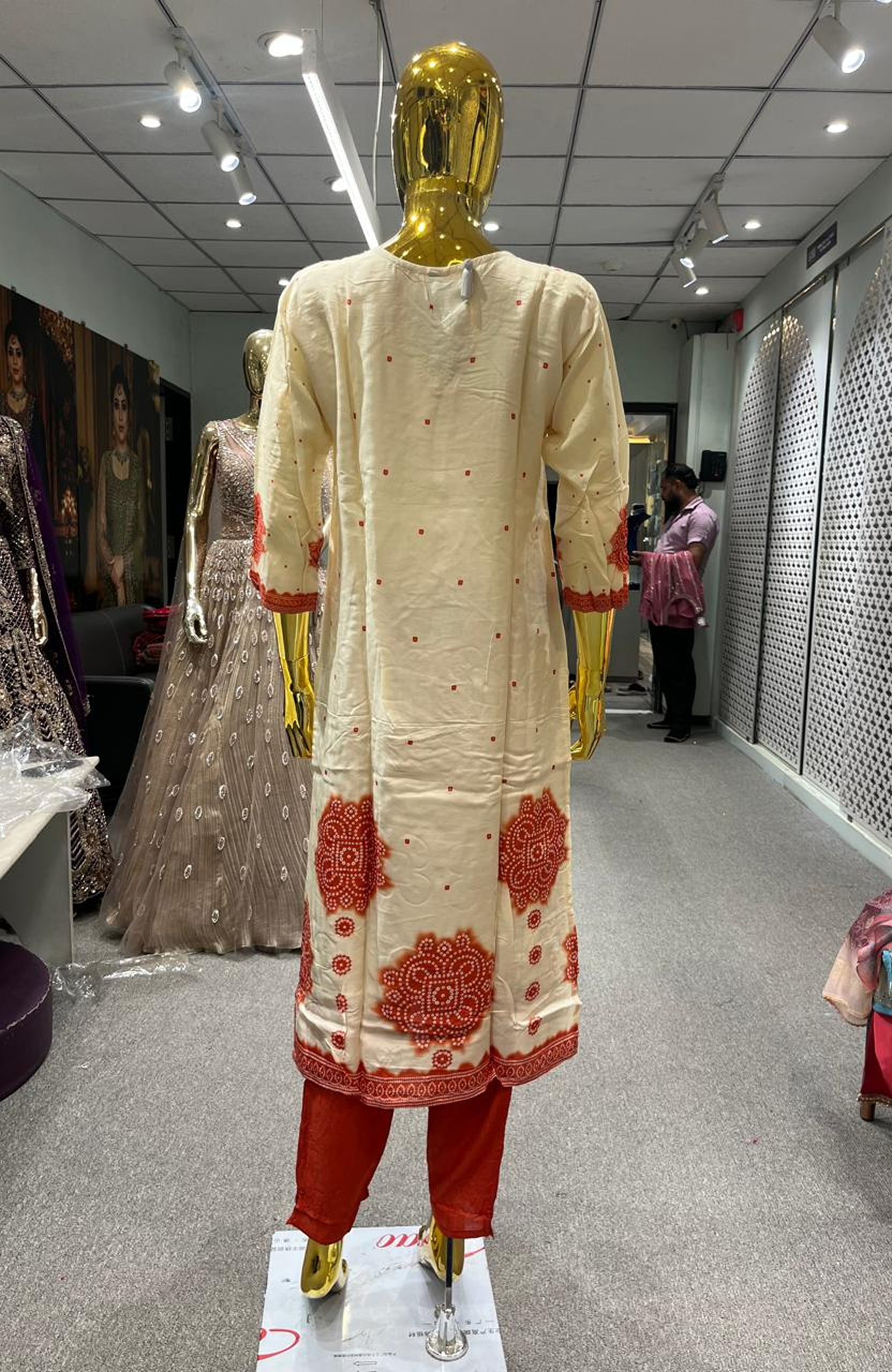 Cream & Orange Pure Silk Jardozi Handwork 3 Piece Kurti Pant Dupatta Set for Women | Designer Ethnic Wear