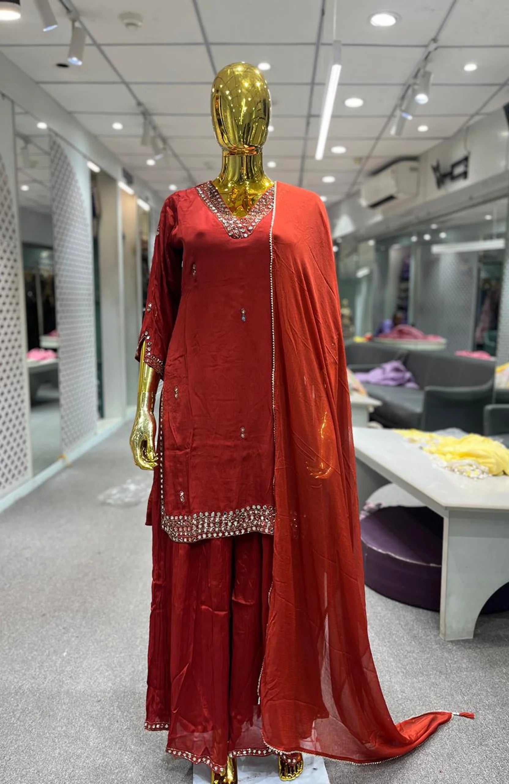 Rust Pure Chinon Mirror Handwork 3 Piece Palazzo Set for Women | Designer Ethnic Wear