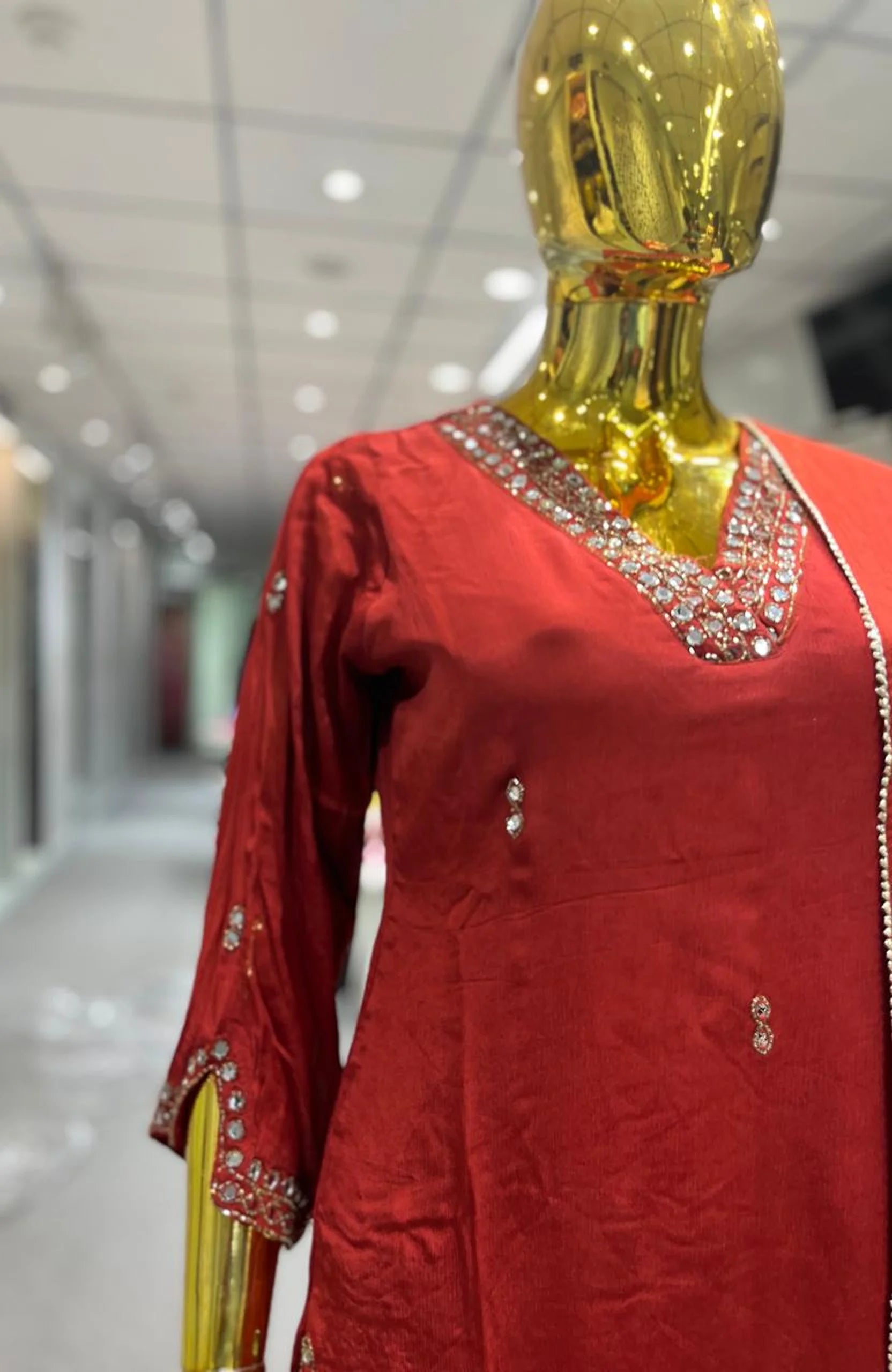 Rust Pure Chinon Mirror Handwork 3 Piece Palazzo Set for Women | Designer Ethnic Wear
