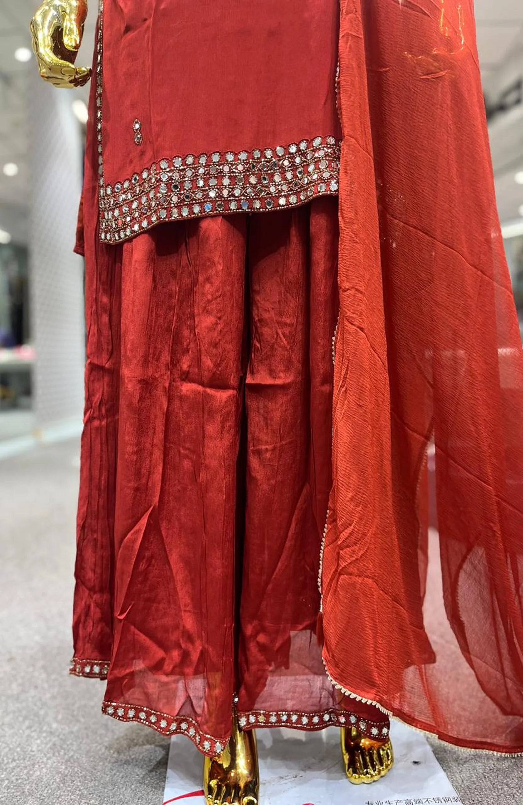 Rust Pure Chinon Mirror Handwork 3 Piece Palazzo Set for Women | Designer Ethnic Wear