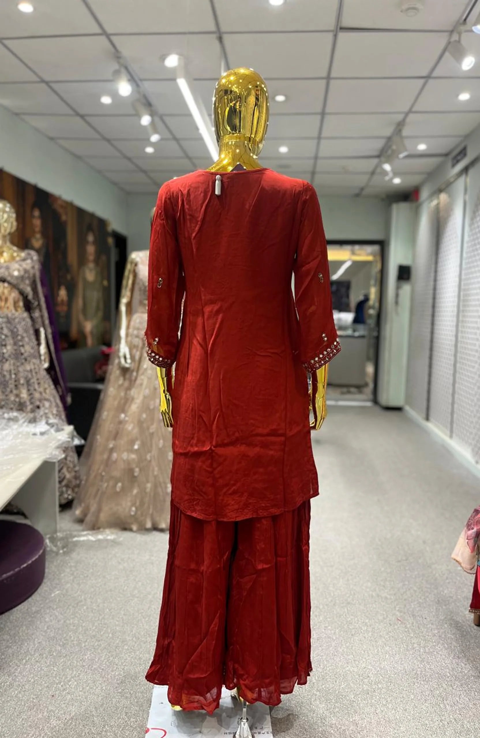 Rust Pure Chinon Mirror Handwork 3 Piece Palazzo Set for Women | Designer Ethnic Wear