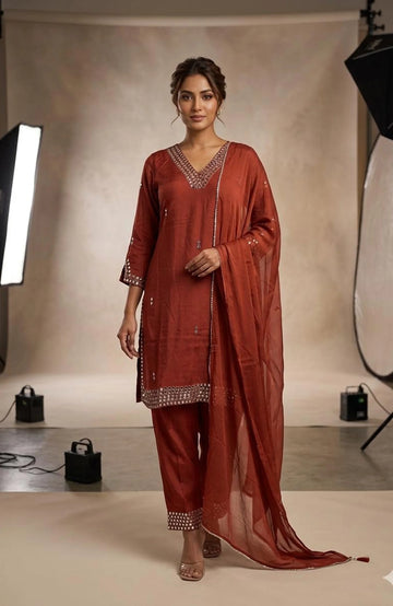Rust Pure Chinon Mirror Handwork 3 Piece Palazzo Set for Women | Designer Ethnic Wear