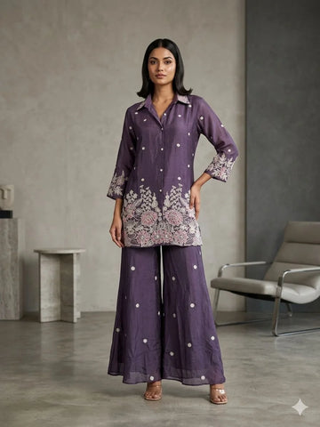 Purple Chinon Embroidery Palazzo Cord Set for Women | Designer 2 Piece Ethnic Co-ord Set