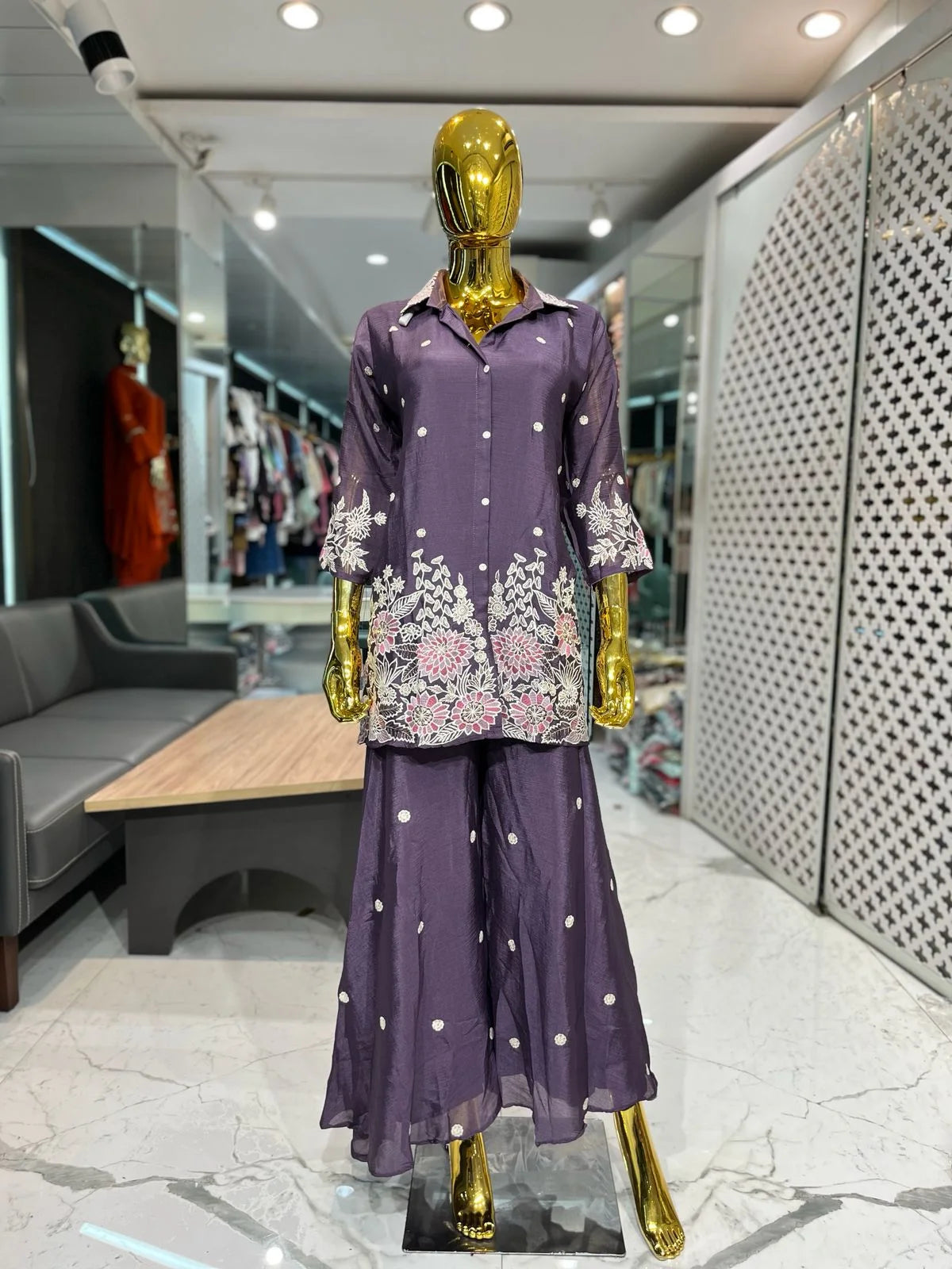 Purple Chinon Embroidery Palazzo Cord Set for Women | Designer 2 Piece Ethnic Co-ord Set