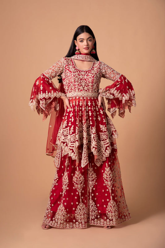 Red Sharara Suit With Embroidery and diamond Work All Over