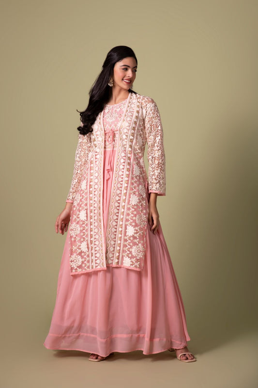 Pink Long Gown With Designer Shrug