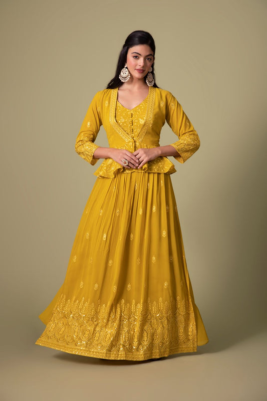 Designer Yellow Naira Cut Long Dress with shrug