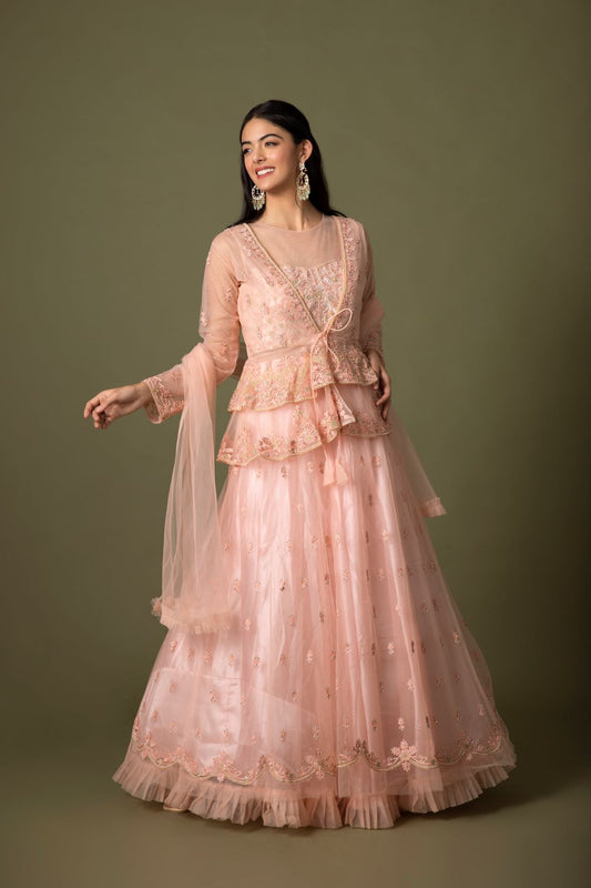 Pink gown with designer jacket