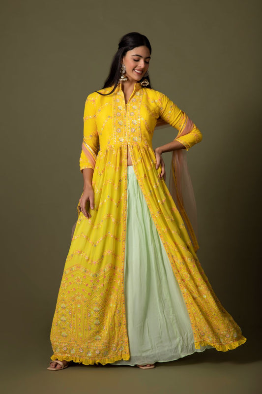 Yellow And Pista Green Color A Line Crop Top Lehenga
