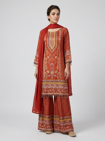 Red Natural Crepe Gota Patti Sharara Suit Set for Women | Digital Print Festive & Wedding Wear