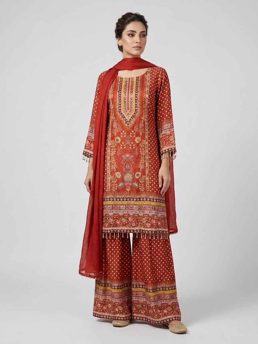 Red Natural Crepe Gota Patti Sharara Suit Set for Women | Digital Print Festive & Wedding Wear