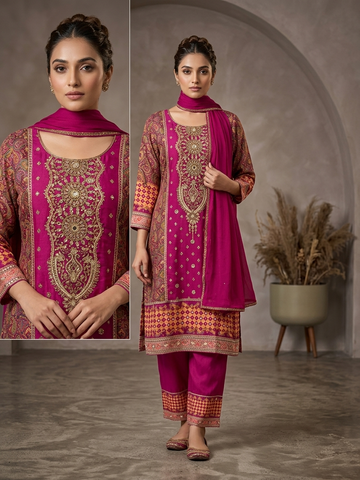 Deep Pink Gota Patti Short Anarkali Suit Set for Women | Digital Print 3 Piece Festive Wear