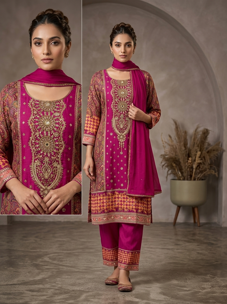 Deep Pink Gota Patti Short Anarkali Suit Set for Women | Digital Print 3 Piece Festive Wear