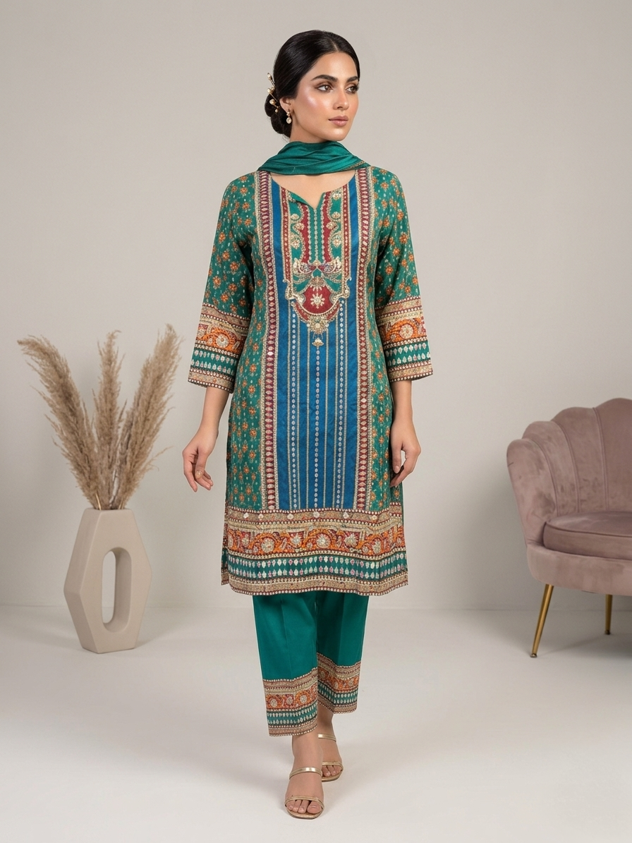 Deep Green Natural Crepe Short Anarkali Suit Set for Women | Gota Patti Work Digital Print Ethnic Wear