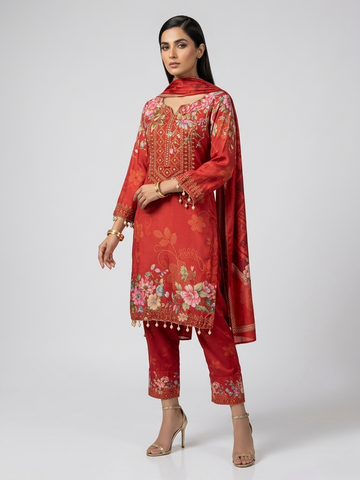 Deep Orange Natural Crepe Straight Suit Set for Women | Mirror & Lace Work Festive 3 Piece Suit