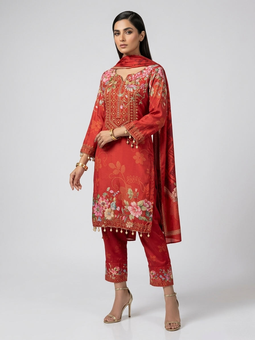 Deep Orange Natural Crepe Straight Suit Set for Women | Mirror & Lace Work Festive 3 Piece Suit