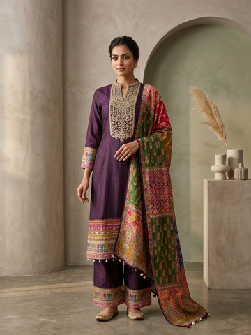 Wine Dola Silk Short Anarkali Suit Set for Women | Embroidered Hand Work 3 Piece Festive Wear