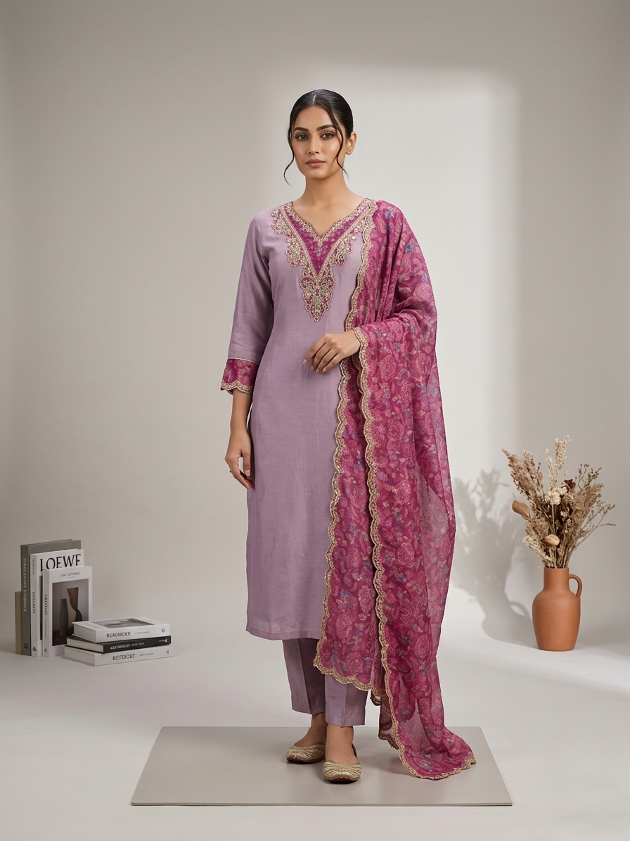 Blush Pink Maslinen Embroidered 3 Piece Suit Set for Women | Hand Work Straight Suit with Digital Print Dupatta