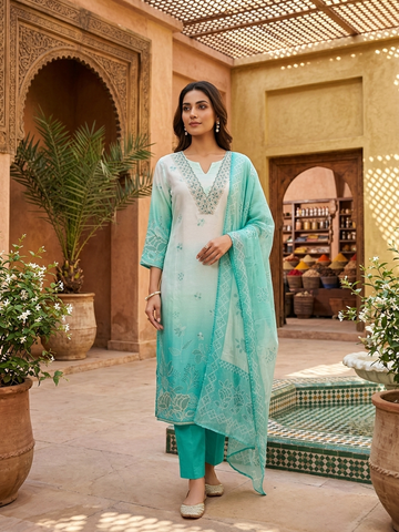 Sea Green Organza Embroidered 3 Piece Suit Set for Women | Hand Work Festive Wear Straight Suit