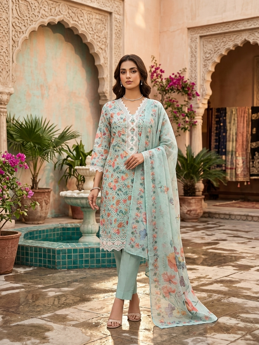 Pista Green Cotton Straight Suit Set for Women | Digital Print 3 Piece Kurta Set with Dupatta