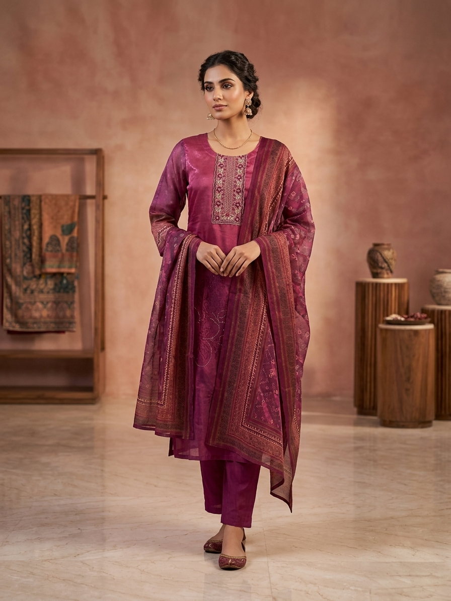 Pinkish Wine Embroidered Straight Suit Set for Women | Hand Work 3 Piece Ethnic Wear with Dupatta