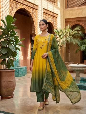 Yellow Dola Silk 3 Piece Suit Set for Women | Hand Work Straight Suit with Digital Print Dupatta