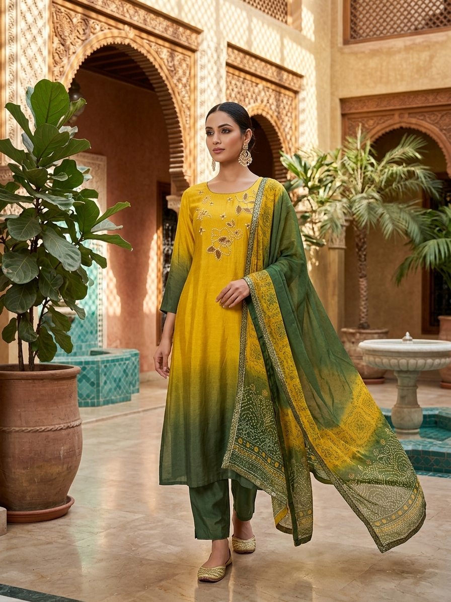 Yellow Dola Silk 3 Piece Suit Set for Women | Hand Work Straight Suit with Digital Print Dupatta