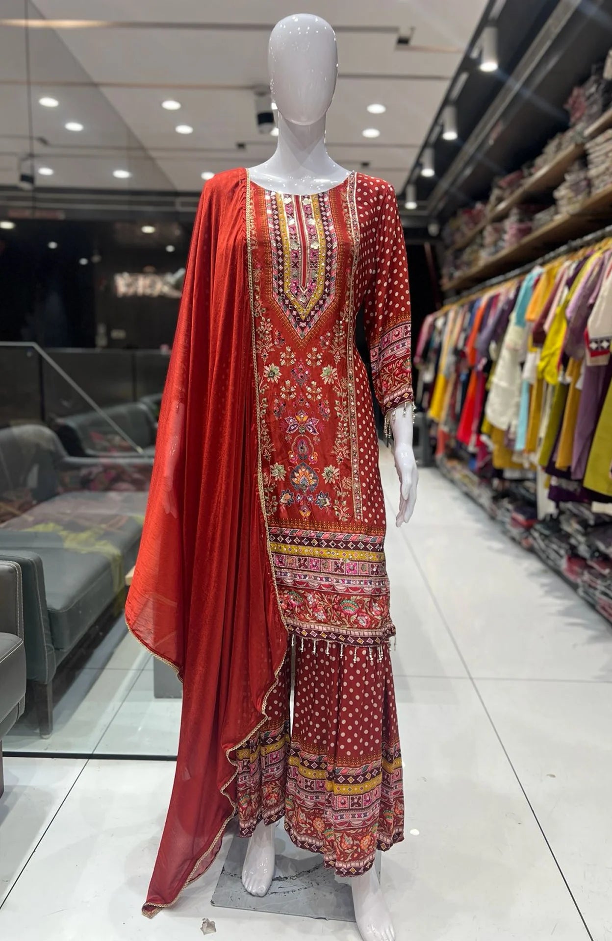 Red Natural Crepe Gota Patti Sharara Suit Set for Women | Digital Print Festive & Wedding Wear
