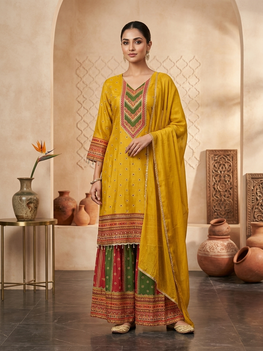 Mustard Natural Crepe Short Anarkali Suit Set for Women | Mirror Work Festive Ethnic Wear