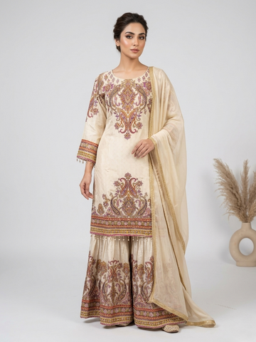 Cream Crepe Sharara Suit Set for Women | Mirror Work Digital Print Straight Kurta with Dupatta