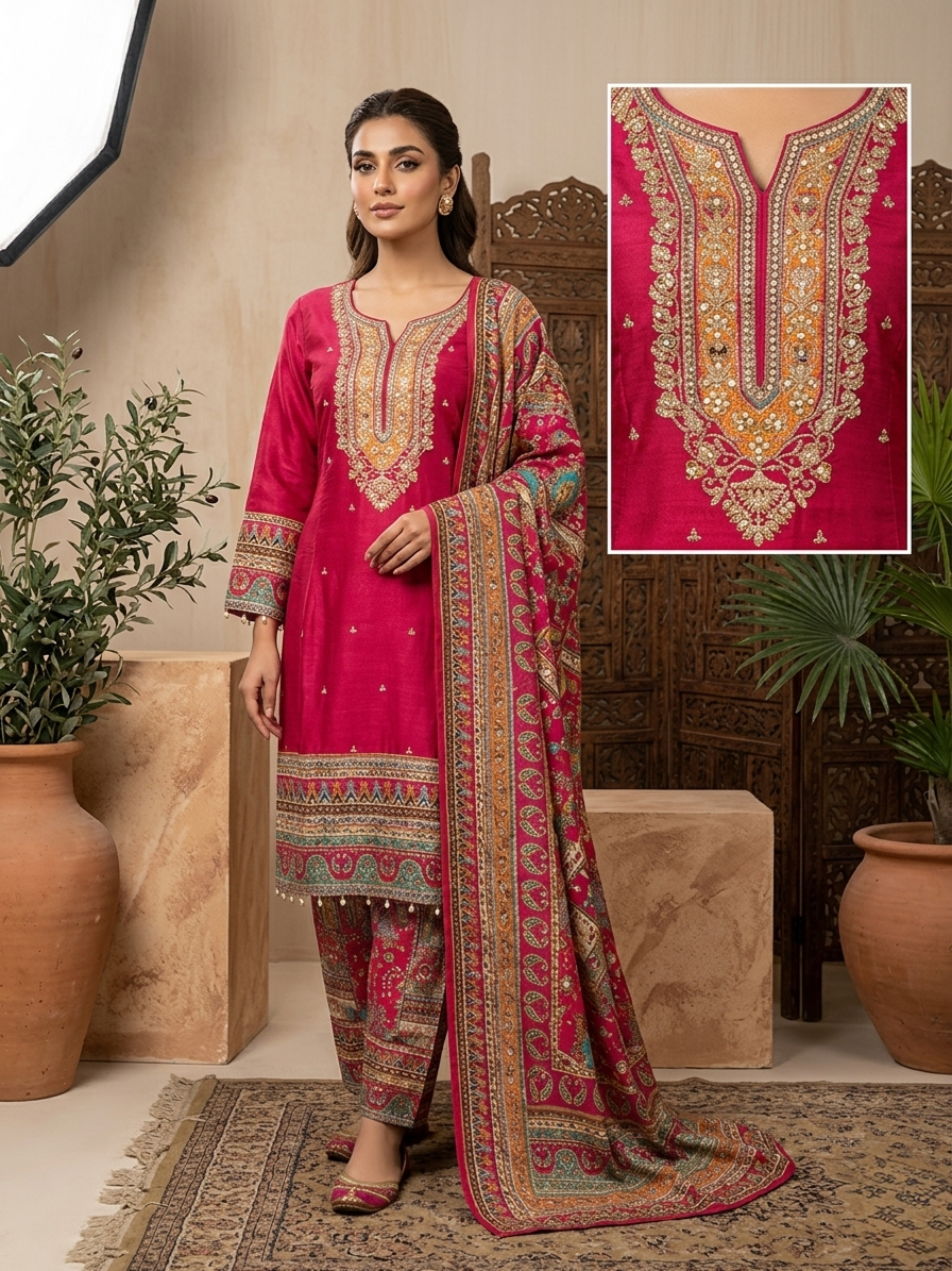 Deep Rani Dola Silk Embroidered 3 Piece Anarkali Suit Set for Women | Hand Work Festive & Wedding Wear