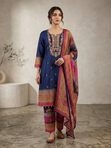 Navy Blue Dola Silk Short Anarkali Suit Set for Women | Embroidered Hand Work Festive Wear