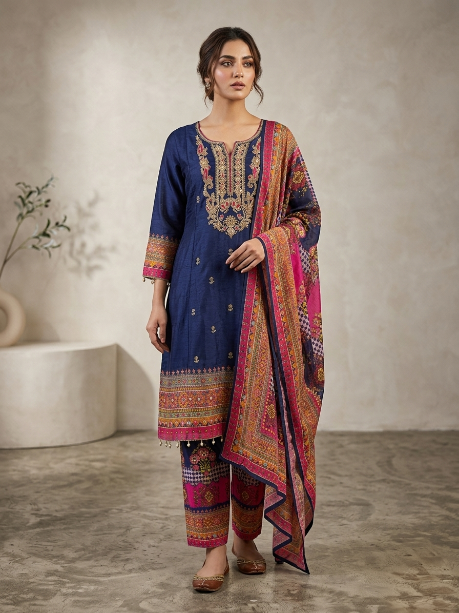 Navy Blue Dola Silk Short Anarkali Suit Set for Women | Embroidered Hand Work Festive Wear