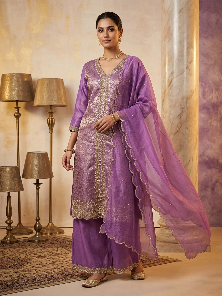 Purple Shimmer Jacquard Straight Suit Set for Women | Bead Work 3 Piece Wedding & Festive Wear