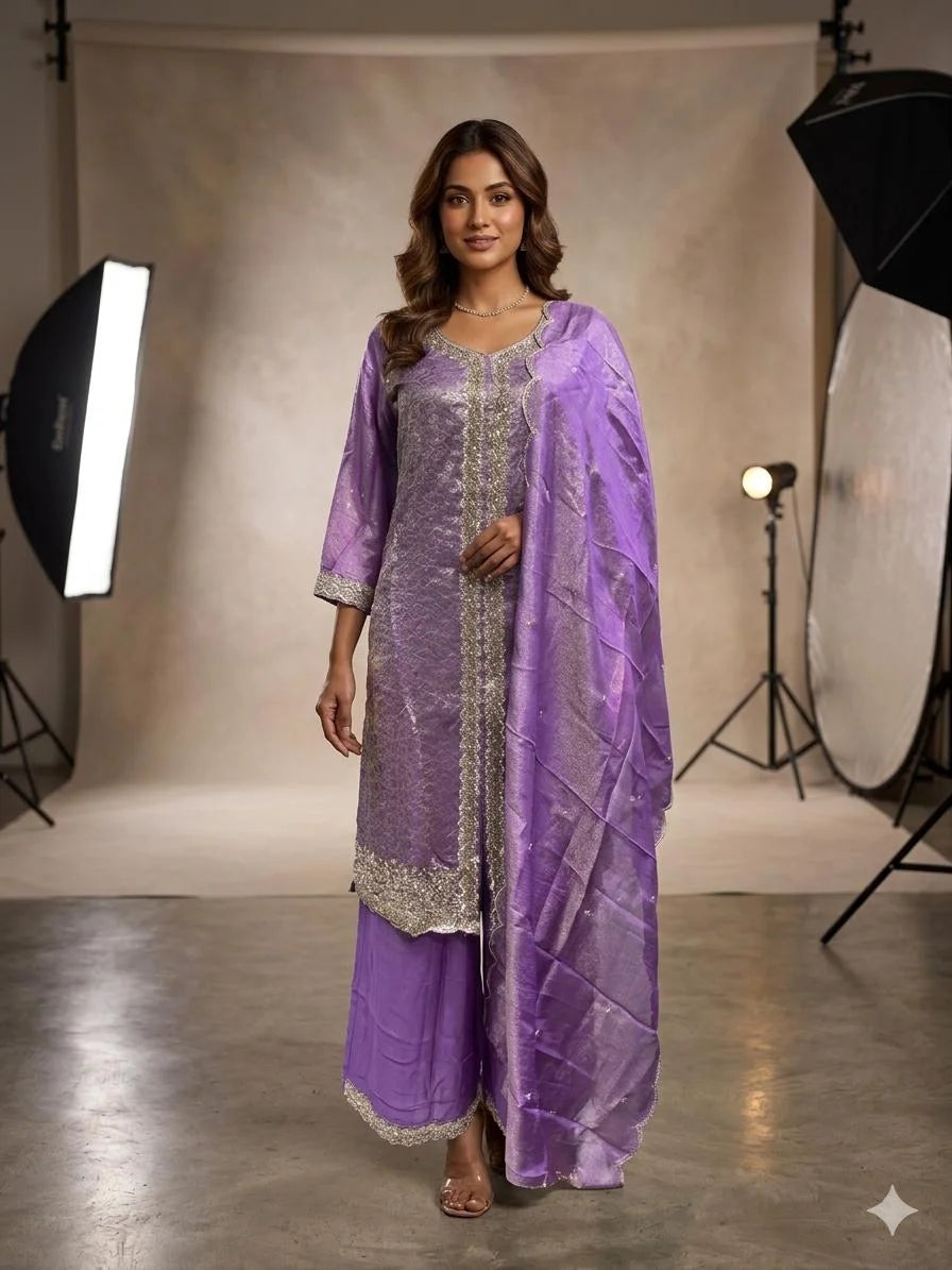 Purple Brasso Silk Handwork 3 Piece Kurti Pant Dupatta Set for Women | Designer Ethnic Wear