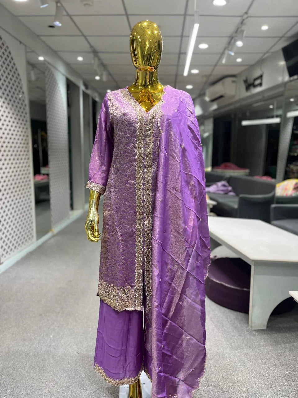 Purple Brasso Silk Handwork 3 Piece Kurti Pant Dupatta Set for Women | Designer Ethnic Wear