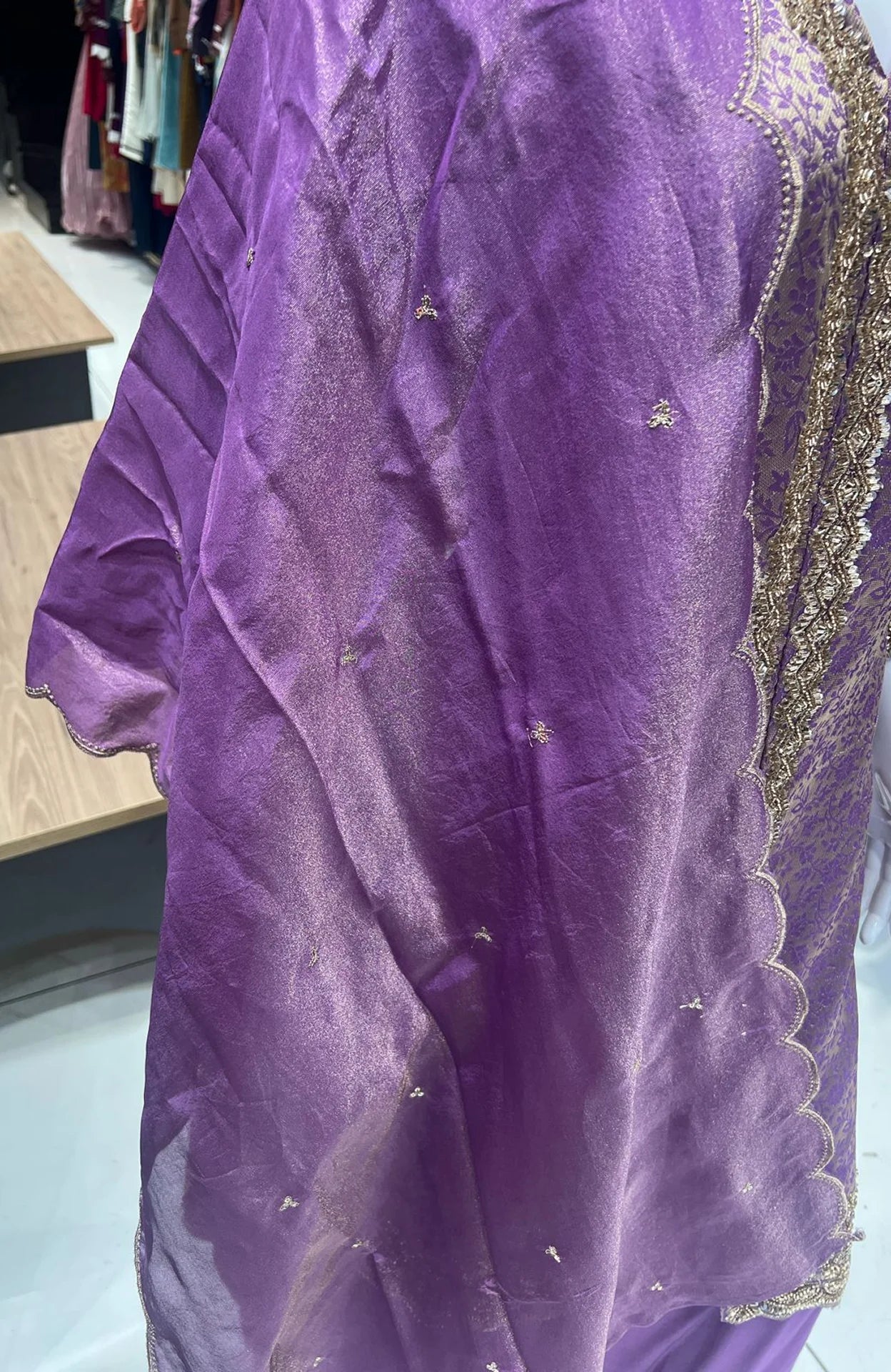 Purple Shimmer Jacquard Straight Suit Set for Women | Bead Work 3 Piece Wedding & Festive Wear