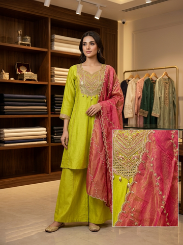 Neon Embroidered Short Anarkali Suit Set for Women | Chinon 3 Piece Festive & Party Wear