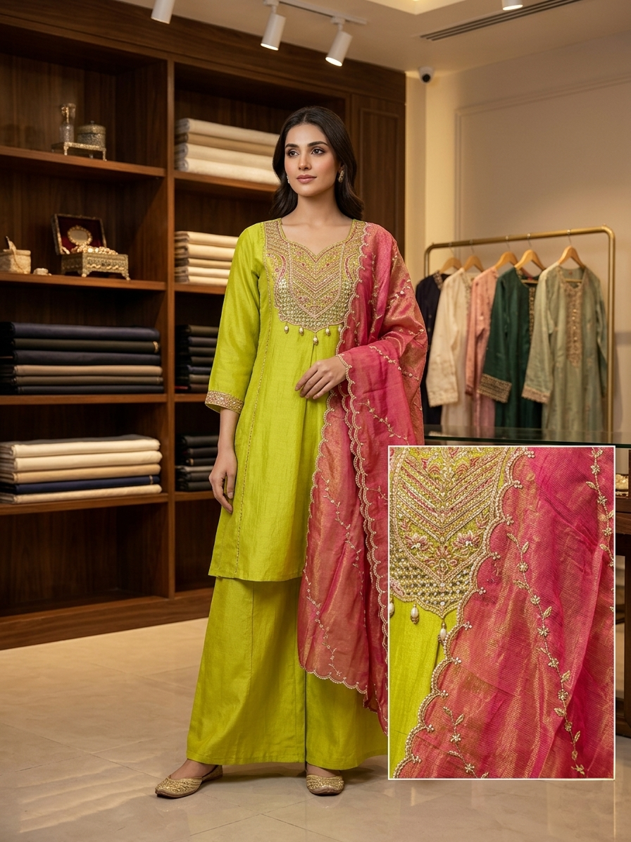 Neon Embroidered Short Anarkali Suit Set for Women | Chinon 3 Piece Festive & Party Wear
